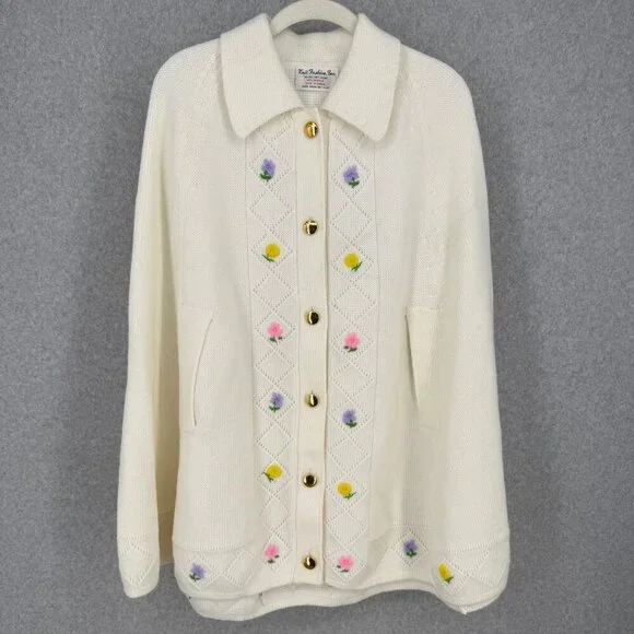 Knit Fashion VTG 50s Knit Cape Poncho One Size White Floral Embroidered Cottage - Picture 1 of 11